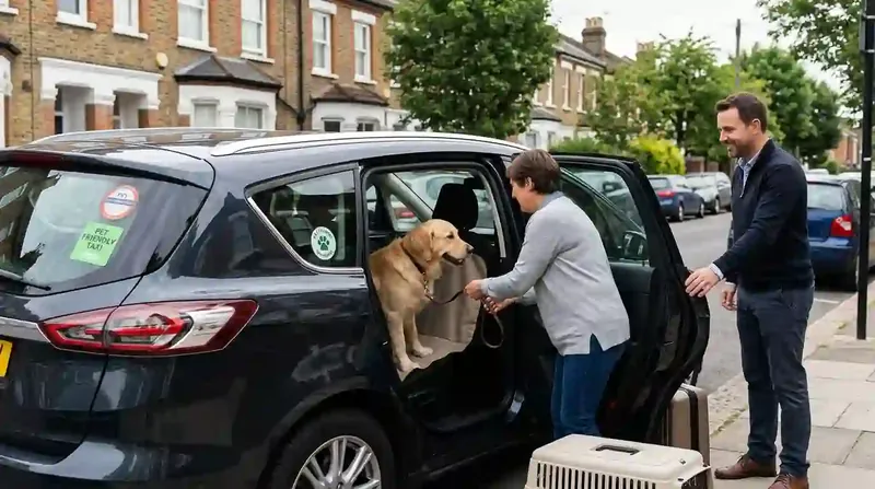 Dog getting into a minicab with its owners